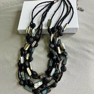 Premier Designs 5 Strand, Mother of Pearl, Black Stone/Bead Layered Necklace